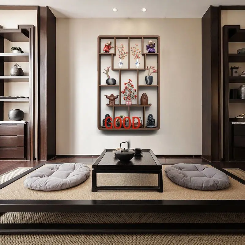 

Chinese solid wood antique shelf wall hanging living room wall shelf simple modern display shelf tea set storage
