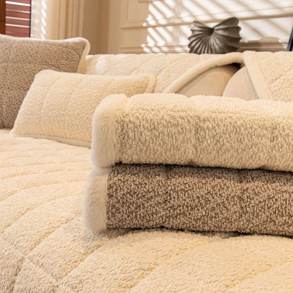 Winter Sofa Cushion Fabric Solid Color Chenille Thick Warm Comfortable Sofa Cover Simple Style Anti-Slip Sofa Covers Pad