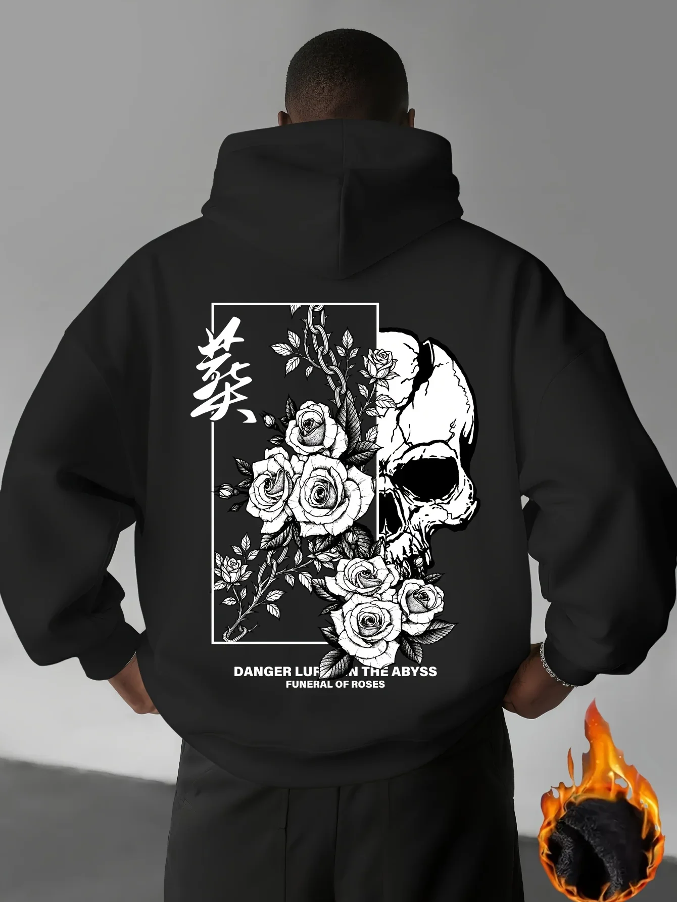 Men Oversized Hoodie Autumn Winter Gothic Skull Rose Chinese Calligraphy Frame Back Print Dark Street Loose Pullover Sweatshirt