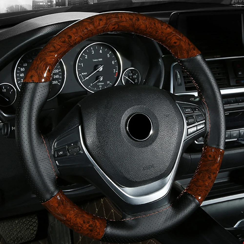 Car Steering Wheel Cover Peach Wood DIY Car Truck Leather Steering Wheel Cover With Thread And Needle Tool Set Car Interior