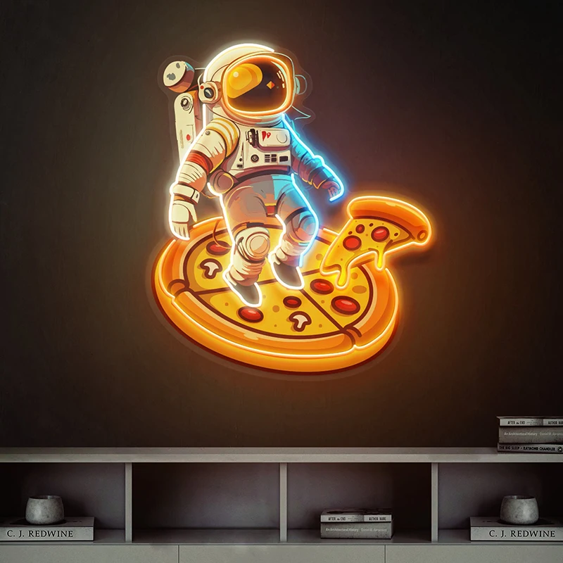 8 Styles Astronaut on Pizza Neon Sign Artwork Acrylic Custom Business Logo Neon Sign Restaurant Pizza Store Wall Decor Led Light