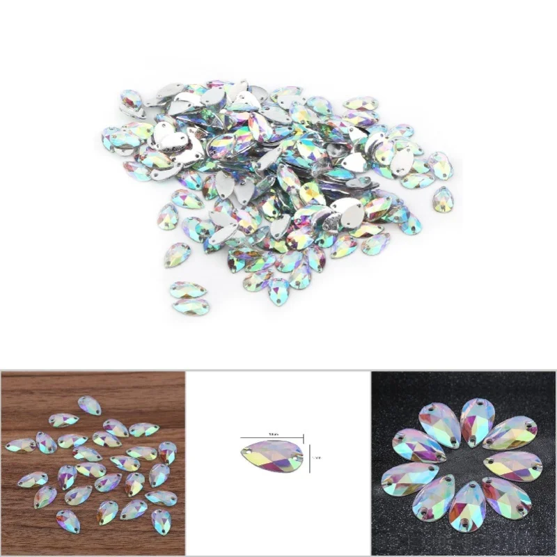 200 peças de strass de resina em formato de gota com costura e dois furos para decoração de artesanato (branco)