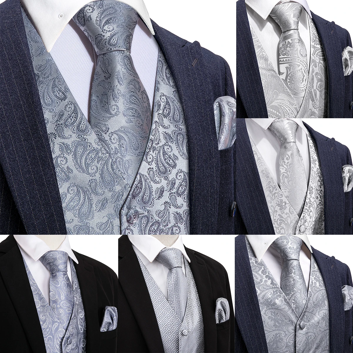 Vest luxo para Homens Silk Silver Bordado Spirng Casamento Colete Tie Set Terno Masculino Vestido Jaqueta Sem Mangas Barry Wang