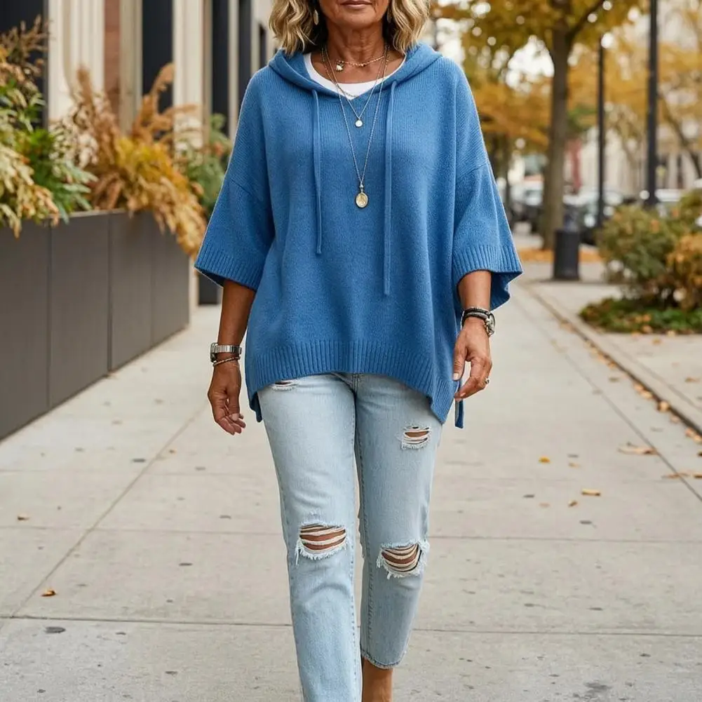 Loose Fit Sweater Autumn Women Knit Pullover Sweater Loose Fit Drawstring Hoodie 3/4 Sleeve Drop Shoulder Top Solid Color 4