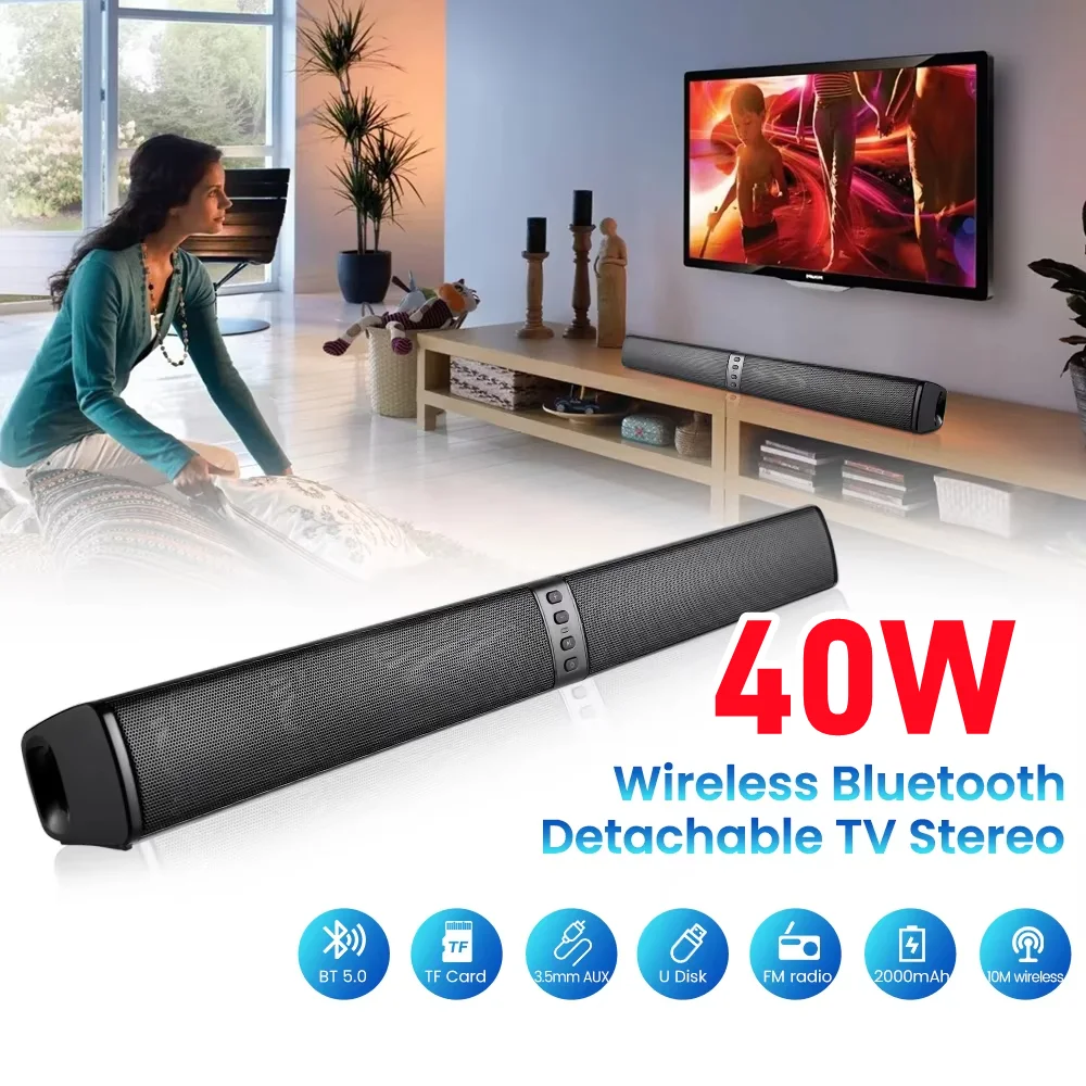 Portable Bluetooth Speaker Audio 40W Wireless Surround Soundbar TV Detachable Speaker Soundbar PC With TF FM USB Radio Boom Box