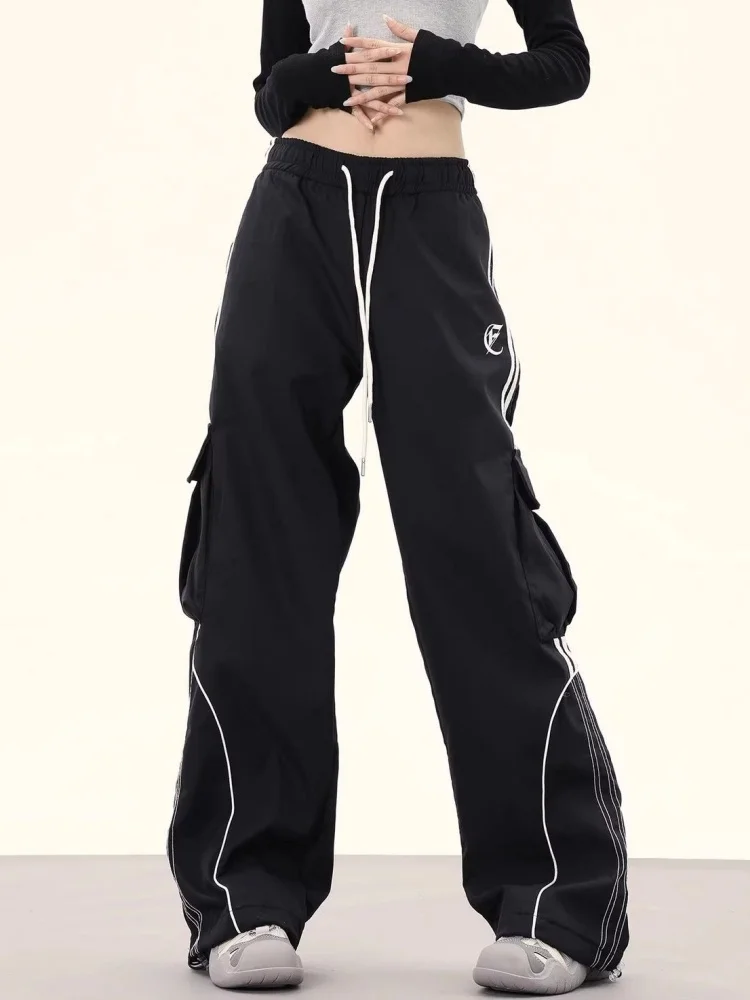 Retro Sweatpants Oversized Baggy Pants Trendy Women‘s Striped High Waist Pockets Wide Leg Pants High Street Vintage Y2K Trousers