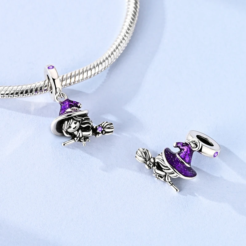 Original Charms 925 Silver Purple Zircon Lovely Little Witch Beads Pendant Fit Bracelet Necklace Fine Jewelry Party Gift Making