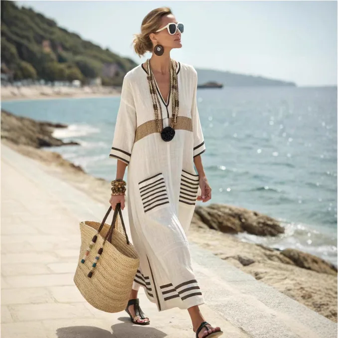 Décontracté ample rétro rayé imprimé Robes de vacances été manches évasées bouton col en V Robes robe Boho plage Style longue robe femme