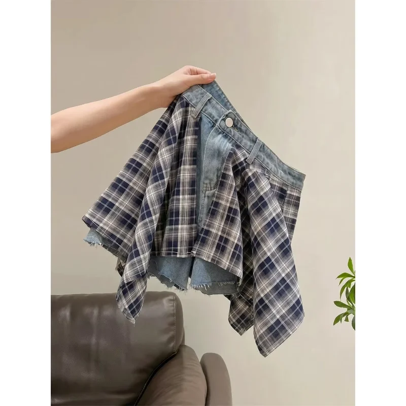 Korea Chic Plaid Patchwork Fart Curtain Irregular Denim Slim Short Women Shorts A-line Panelled Fashion Moda Pantalones