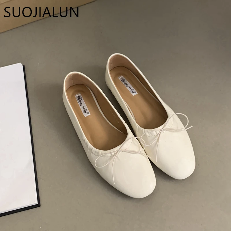 SUOJIALUN 2024 Spring New Women Flat Fashion Round Toe Bow-knot Slip On Ballerinas Shoes Soft Flat Ladies Casual Dress Ballet Sh