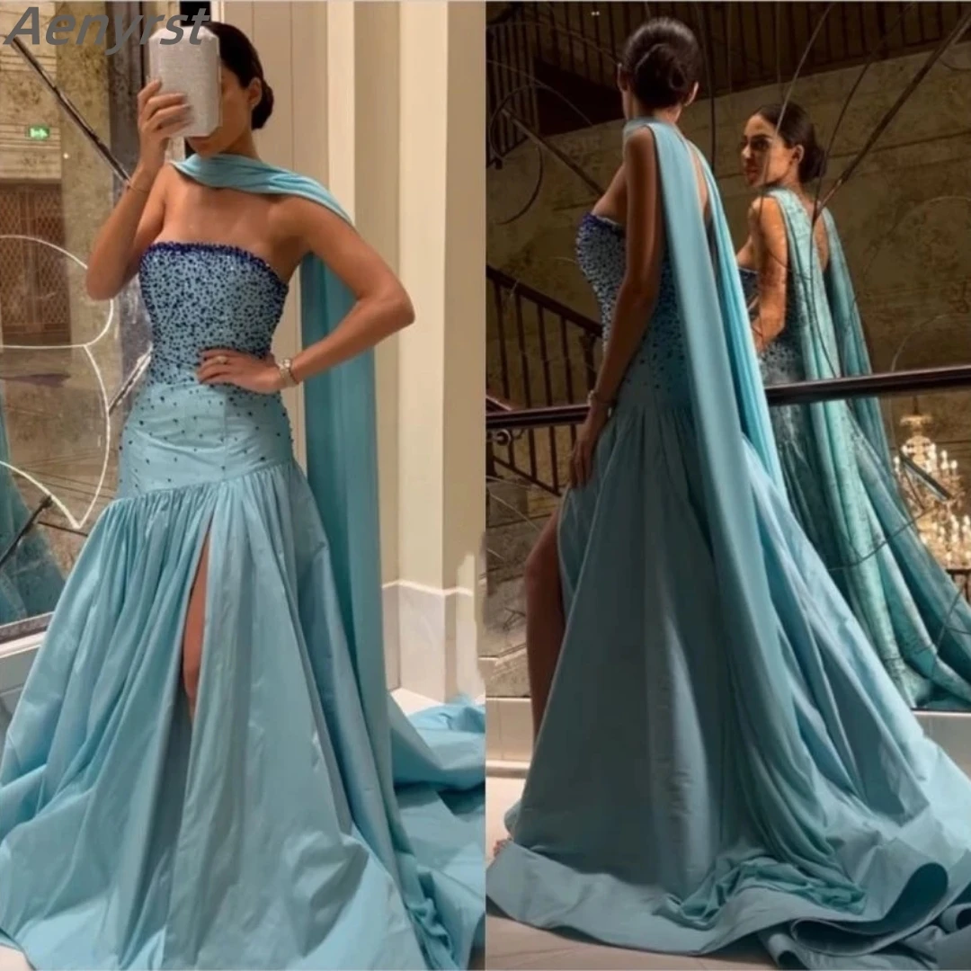 

Elegant Strapless Evening Dresses For Women Watteau Train Beadings High Slit Wedding Party Dress Saudi Arabia Women‘s Prom Gown