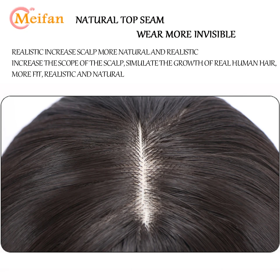 MEIFAN Long Synthetic Clip on Hair Extension Topper Add Volume Invisible Closure Hairpiece With Bangs for Covering White Hair