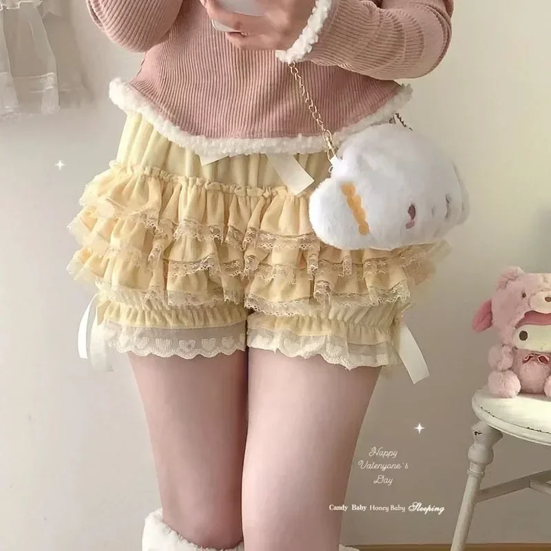 Autumn Winter Warm Lolita Safety Short Pants Women Sweet Chic Plush Bloomers Japanese Y2k Lace Bow Knickers Harajuku Cute Shorts