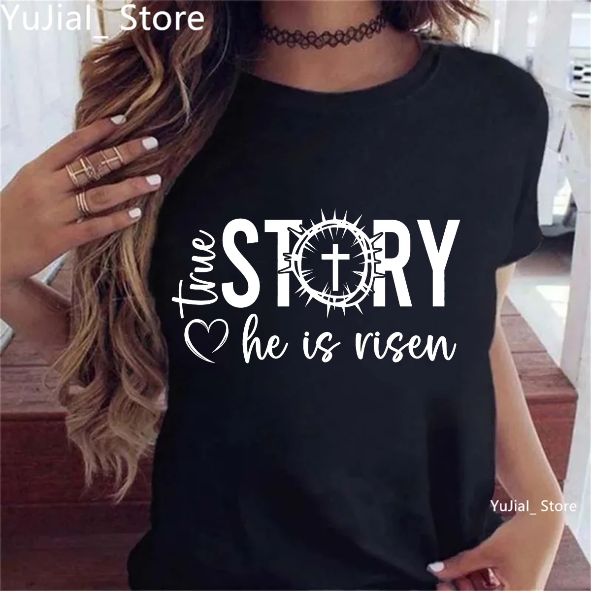 

True Story He Is Risen Jesus Letter Printed T Shirt Women Summer Fashion Short Sleeve T-Shirt Femme White/Pink Casual T-Shirt