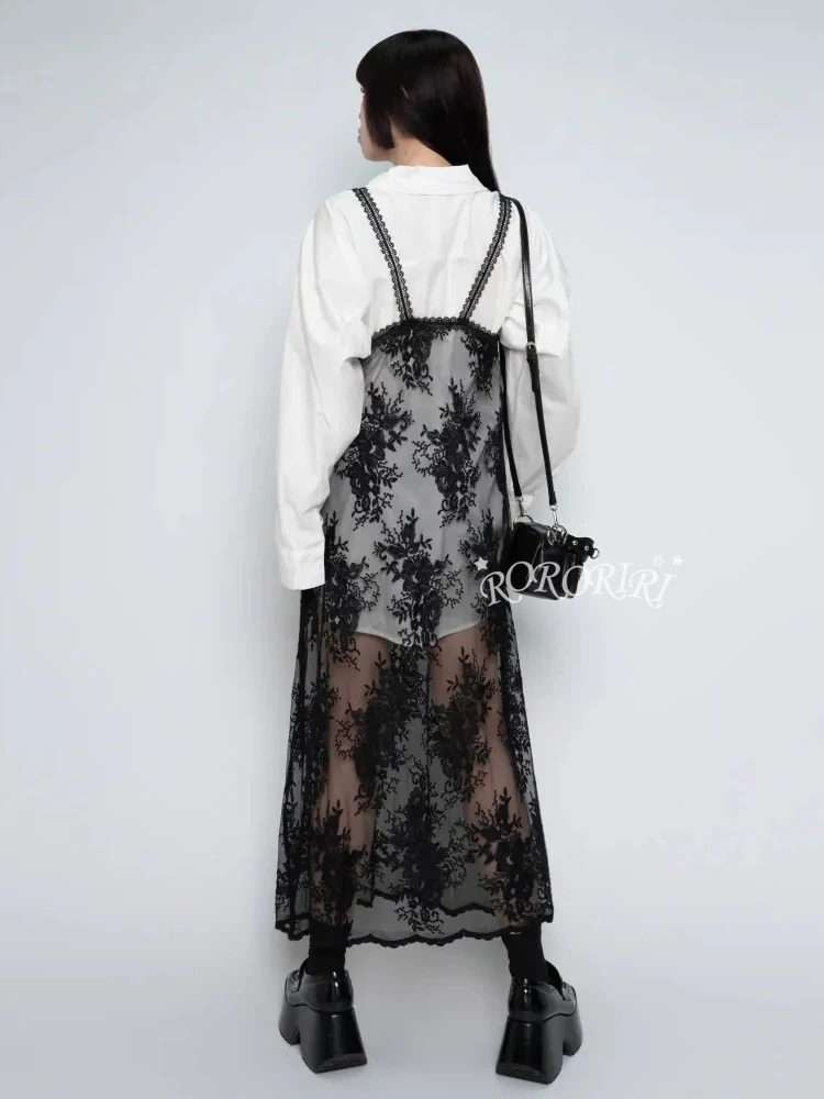 RORORIRI Floral Lace Sheer Smocked Long Dress Women Wave Trim V-neck Solid Black Sleeveless One-piece Goth Punk Vintage Clothes