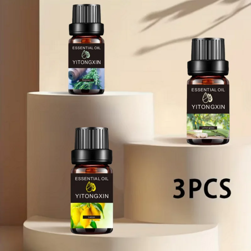 3pcs Plant Essential Oil (Rosemary+Lemongrass+Lemon) 10ml Per Bottle, Suitable for Body Massage Care