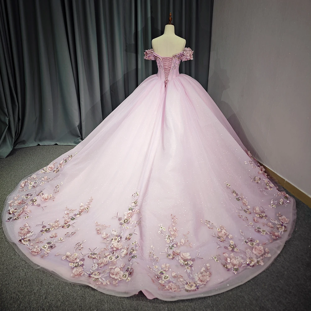 Customized Pink Shiny Quinceanera Dress Off Shoulder Applique Flower Beads Tull Vestidos 15 De XV Años Brithday Sweet 16 Dress