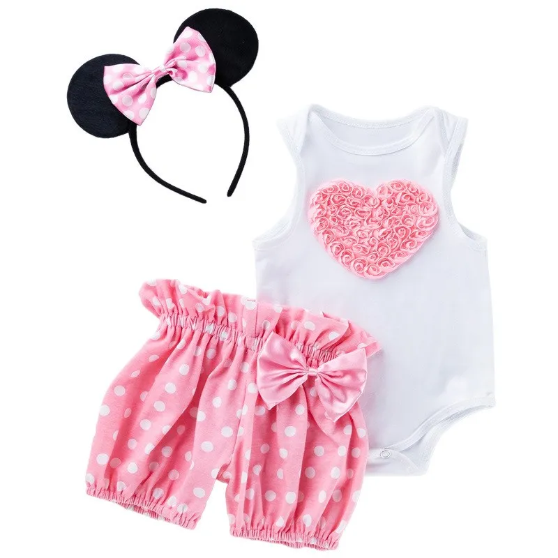 Newborn 0-2 Years Baby Girls Mickey Minnie Birthday Party Clothes Set Children Summer Romper Shorts Ear Headband 3 Pcs Outfits