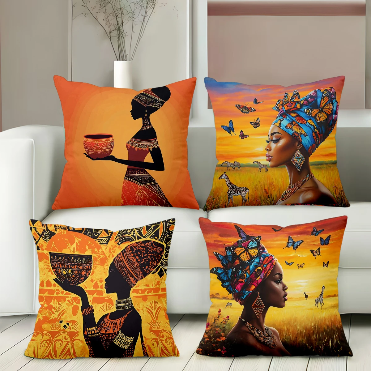 # African Tribal Woman Print Throw Pillow Covers Polyester sofa decorative cushion cov Headboard Pillow (Without Pillow Core）