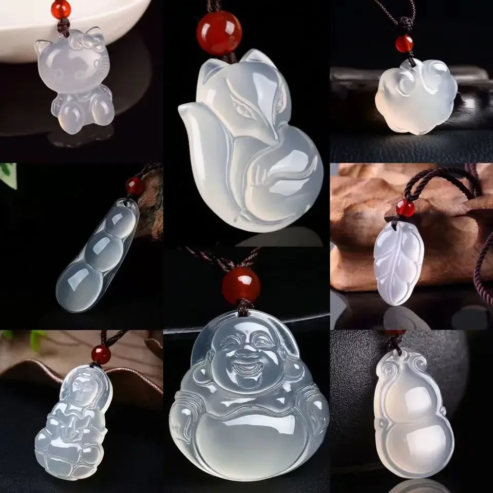 Natural White Transparent Chalcedony Pendant Guanyin Buddha Pixiu Fudou Necklace Summer Cool Sleeping Mosquito Repellent Jewelry