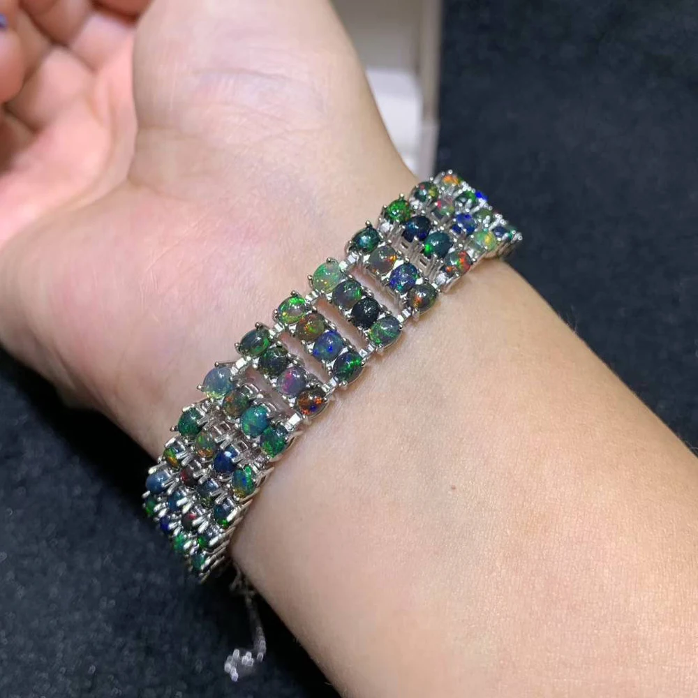 Luxury Natural Opal Multi Row Bracelet 925 Silver Good Quality Ethiopian Blacke Opal Gemstone 3*4mm for Women Party Jewelry Gift