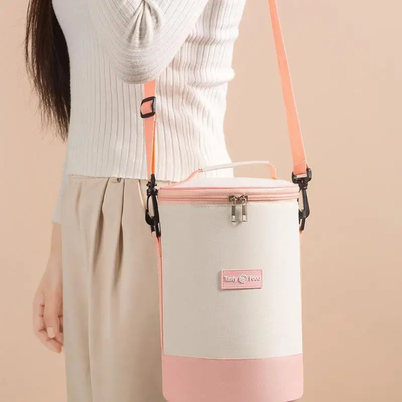 Insulated Cylindrical Lunch Bag Adjustable Shoulder Strap Cold Hot Keep Thermal Tote 1Pcs for Outdoor Picnic Work School Travel