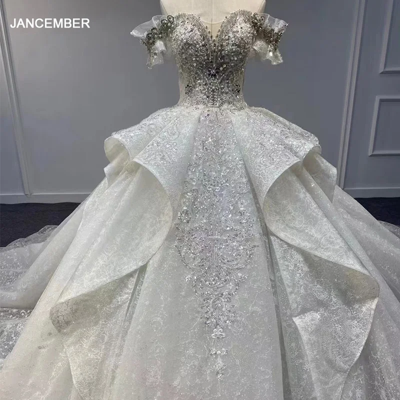 Jancember Flash Sale Luxury Wedding Gown For Bride 2024 Ball Gown Short Sleeves Chapel Train Lace Up Vestido De Novia MN35