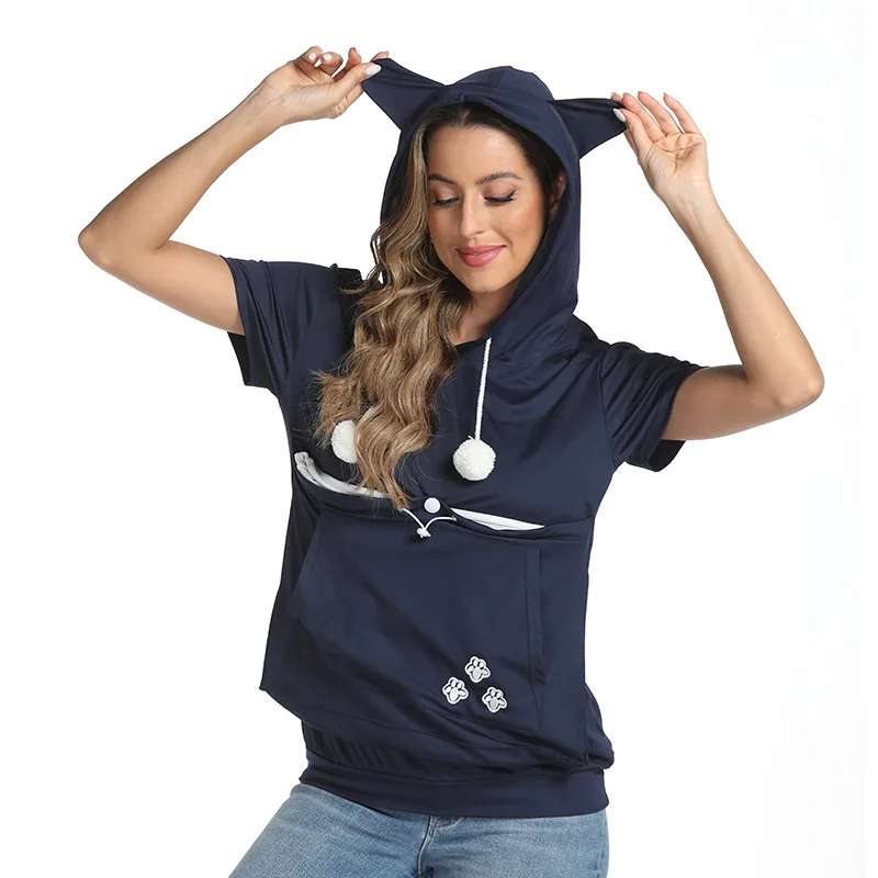 Women Fashion Hooded T-shirts Short Sleeve Cute Large Pocket Pet Holder Ear Hood Shirts Summer Daily Casual Sweet Shirts
