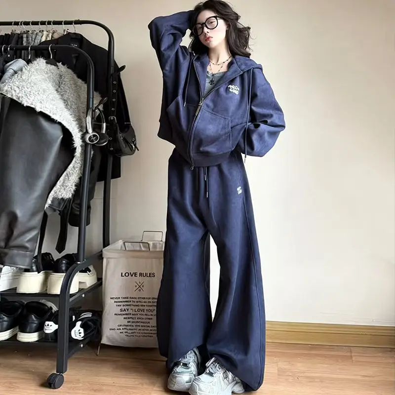 

Laid-back Style Women's Sportswear Set Loose Casual Student Two-piece Suit High Waist Wide Leg Pants Hoodie Long Sleeve Zipper