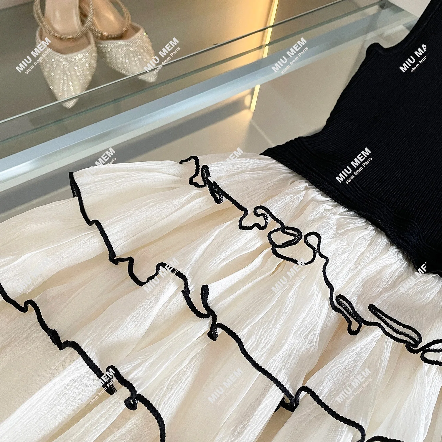 Verão cintura alta malha colete saia emenda camada bolo saia cintura alta a linha vestido feminino