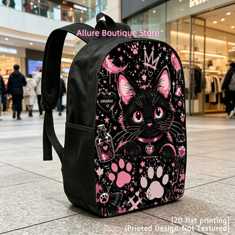 Printed Design - Not Textured 2D Flat Printing Black Pink Cat, Casual Backpack, Travel Laptop Backpack, 2D Flat Printing, Rucksa