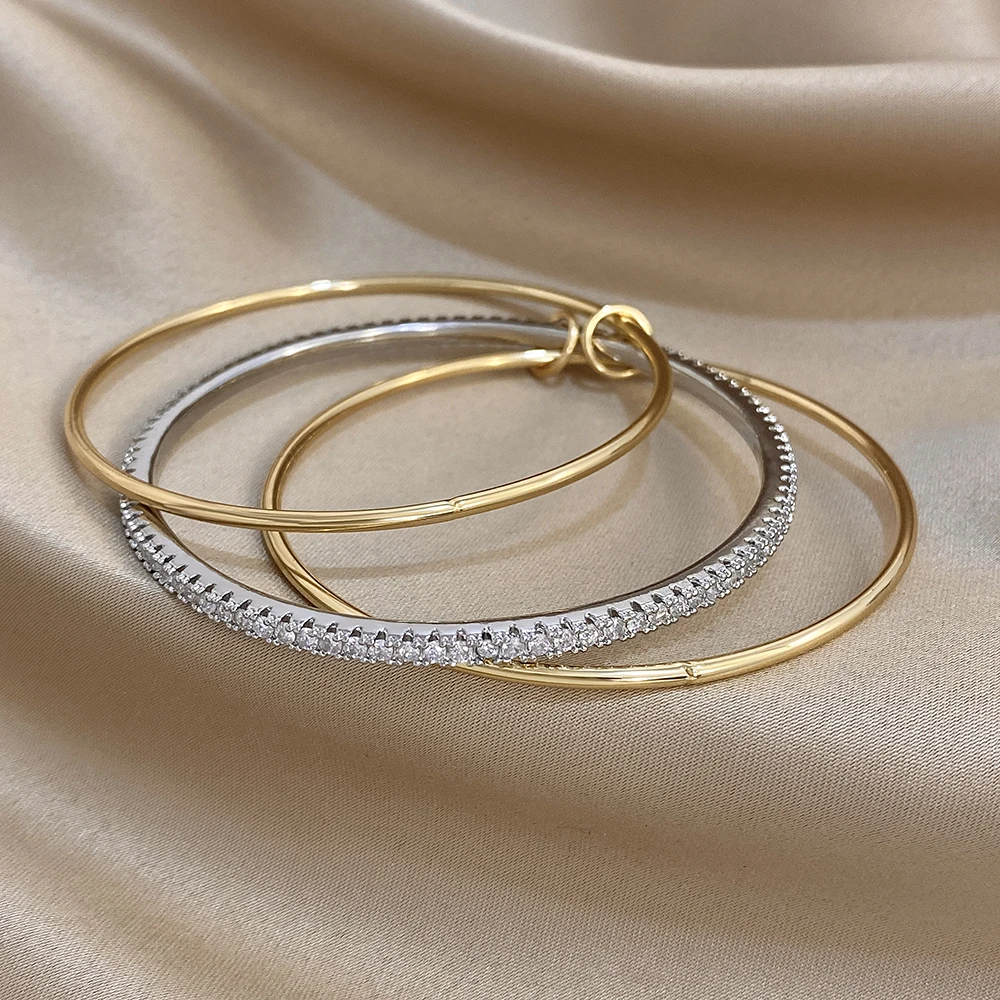 3pcs Two Tone Full Rhinestone Smooth Bangle Bracelets for Women Fashion Copper Stacking Bracelet Party Jewelry Gifts
