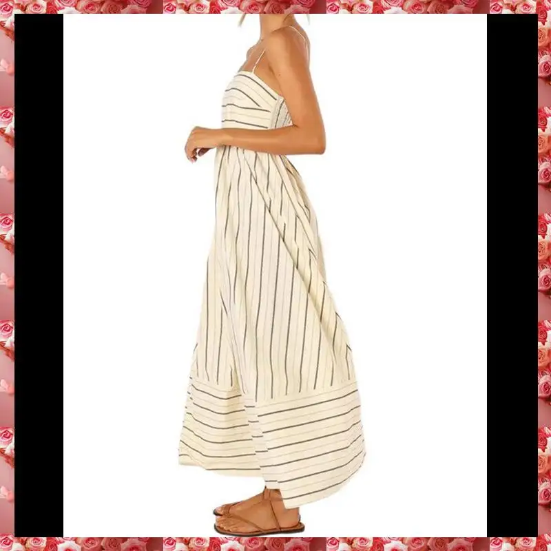 Women's Striped Back Smocked Maxi Dress Spaghetti Strap Cut Out Flowy Swing Long Dress