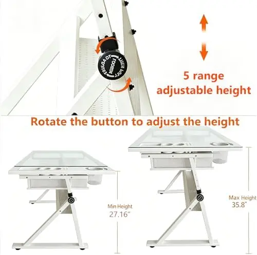 Drafting Table with Storage & Stool, Tempered Glass, 0-75° Lockable Angle, 27.16