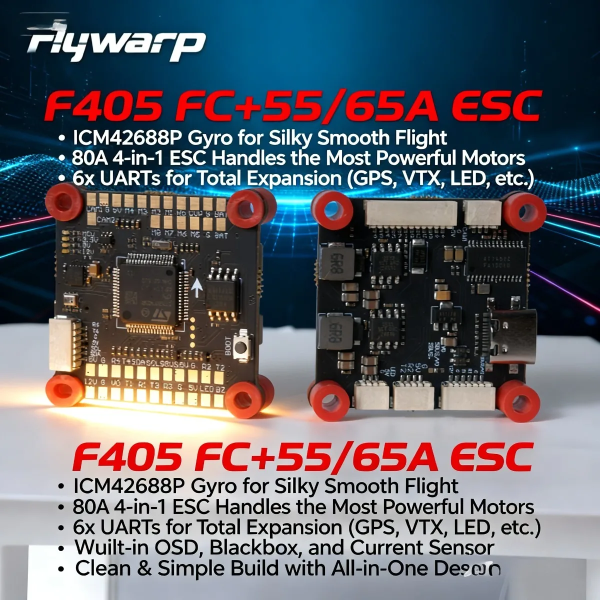 

FlyWarp F405 Flight Controller Stack with 60A 4in1 ESC, ICM42688P Gyro,, for Betaflight iNAV, 30.5x30.5mm 6-8S FPV Racing Drone