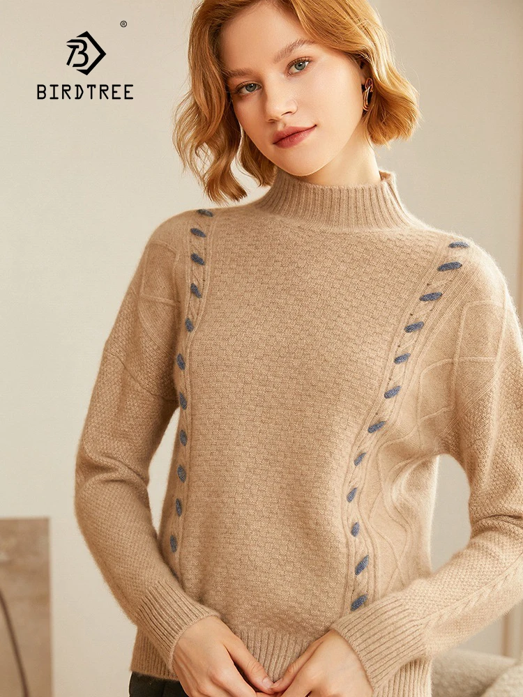 Birdtree,100% Cashmere Sweater,female Half High Neck Double Stock Thickened Version,2024 Autumn/winter New Top T48026KE