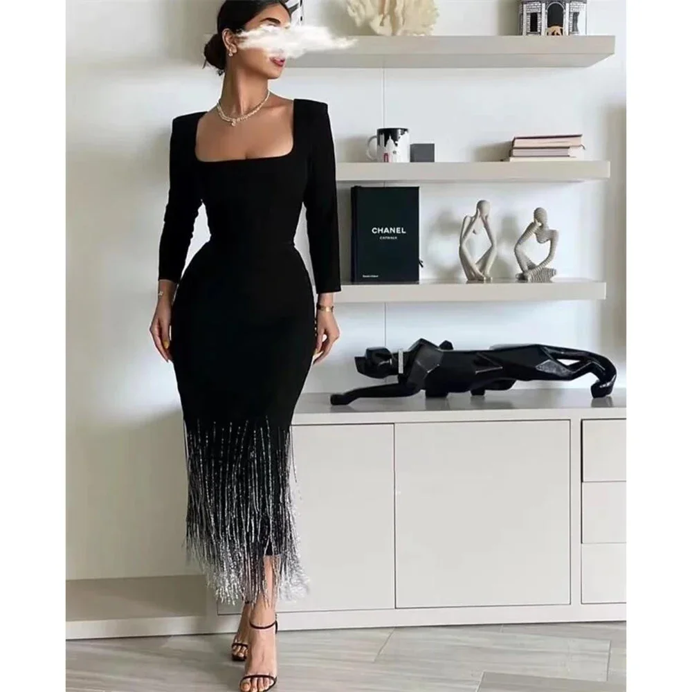 

Elegant Square Neck Long Sleeves Party Prom Dresses with Tassels Straight Saudi Arabia Women Formal Evening Dress 2024