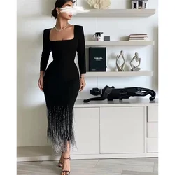 Customized Elegant Square Neck Long Sleeves Party Prom Dresses with Tassels Straight Saudi Arabia Women Formal  Evening Dress 20