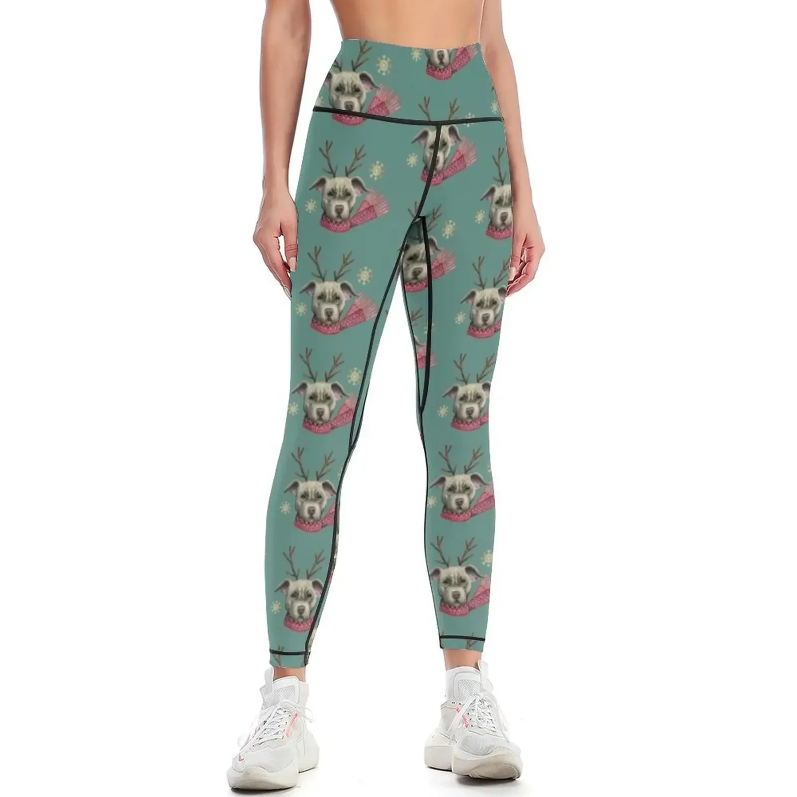 

Funny Christmas Reindeer Pit Bull with Faux Gold Snowflakes Leggings Clothing fitness Women's sportswear Womens Leggings