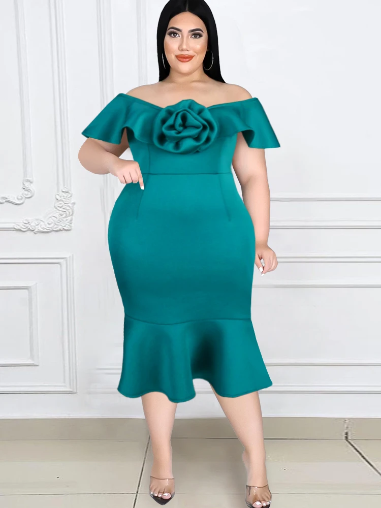 

ONTINVA Green Ruffles Dresses Plus Size 4XL Cold Shoulder Sleeveless Empire Midi Outfits for Women Evening Cocktail Event