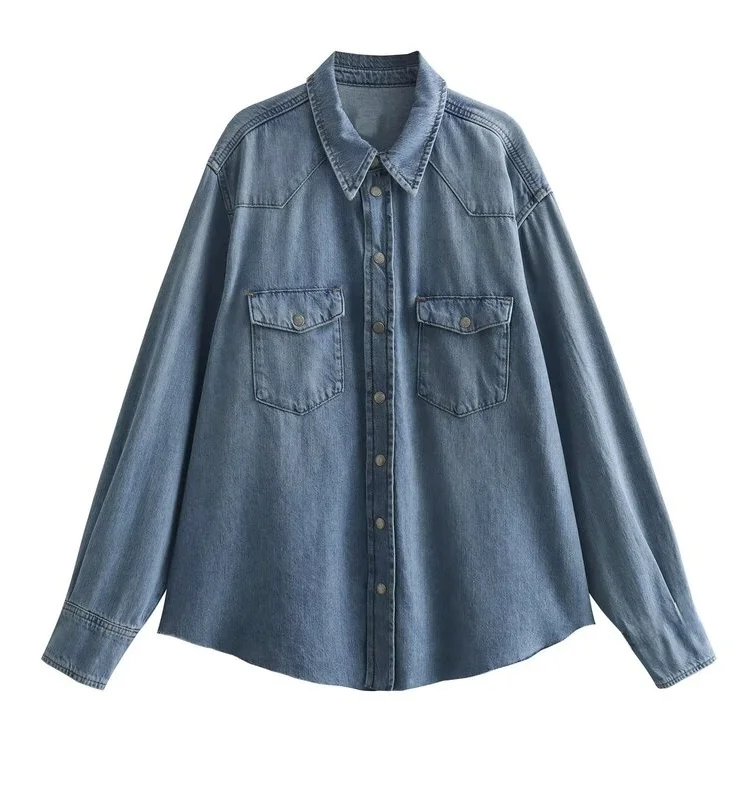 

Retro Women's Loose Denim irt Jaet Autumn 2023 New Sle Pure Color Collar Long Sve with ket Faion Commute