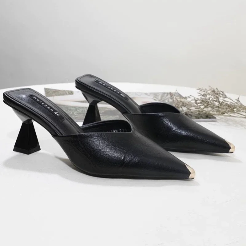 Summer 2024 Black Slides Mules Women\'s Slippers and Ladies Sandals 5cm High Heel Shoes Pu Leather Pointed Toe Casual Slippers