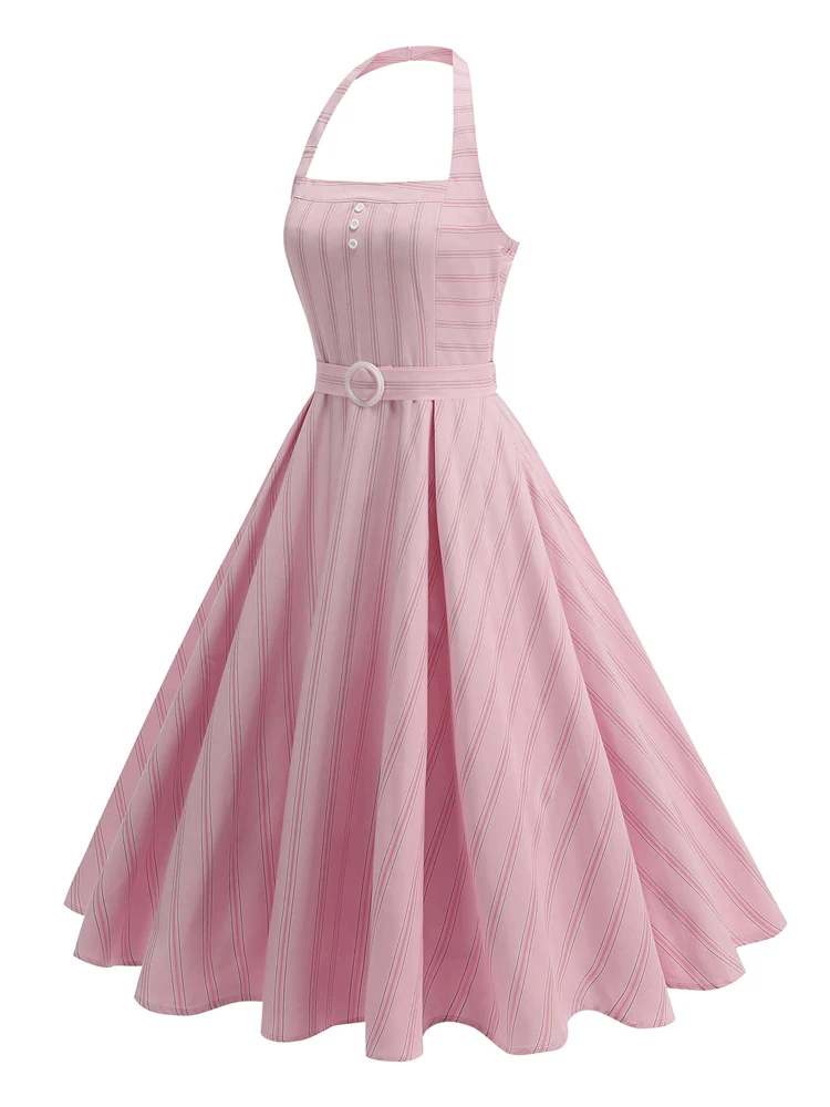 Abiti estivi eleganti da sera con vestibilità senza schienale e svasatura, bottoni con scollo all'americana, abiti vintage anni '50 a righe per le donne