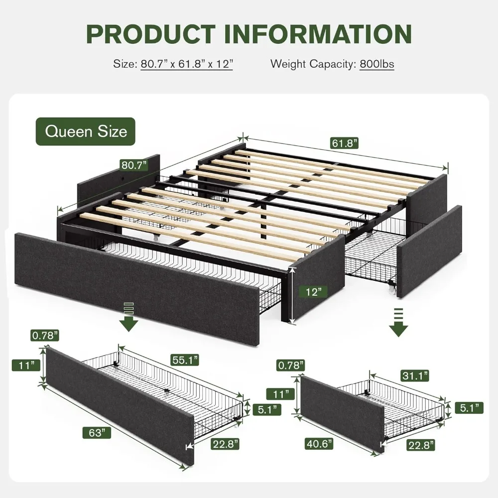 Cadre de lit Queen avec rangement, 3 égouts de grande proximité sur roulettes, lit plateforme en tissu, sans ressort sommier nécessaire