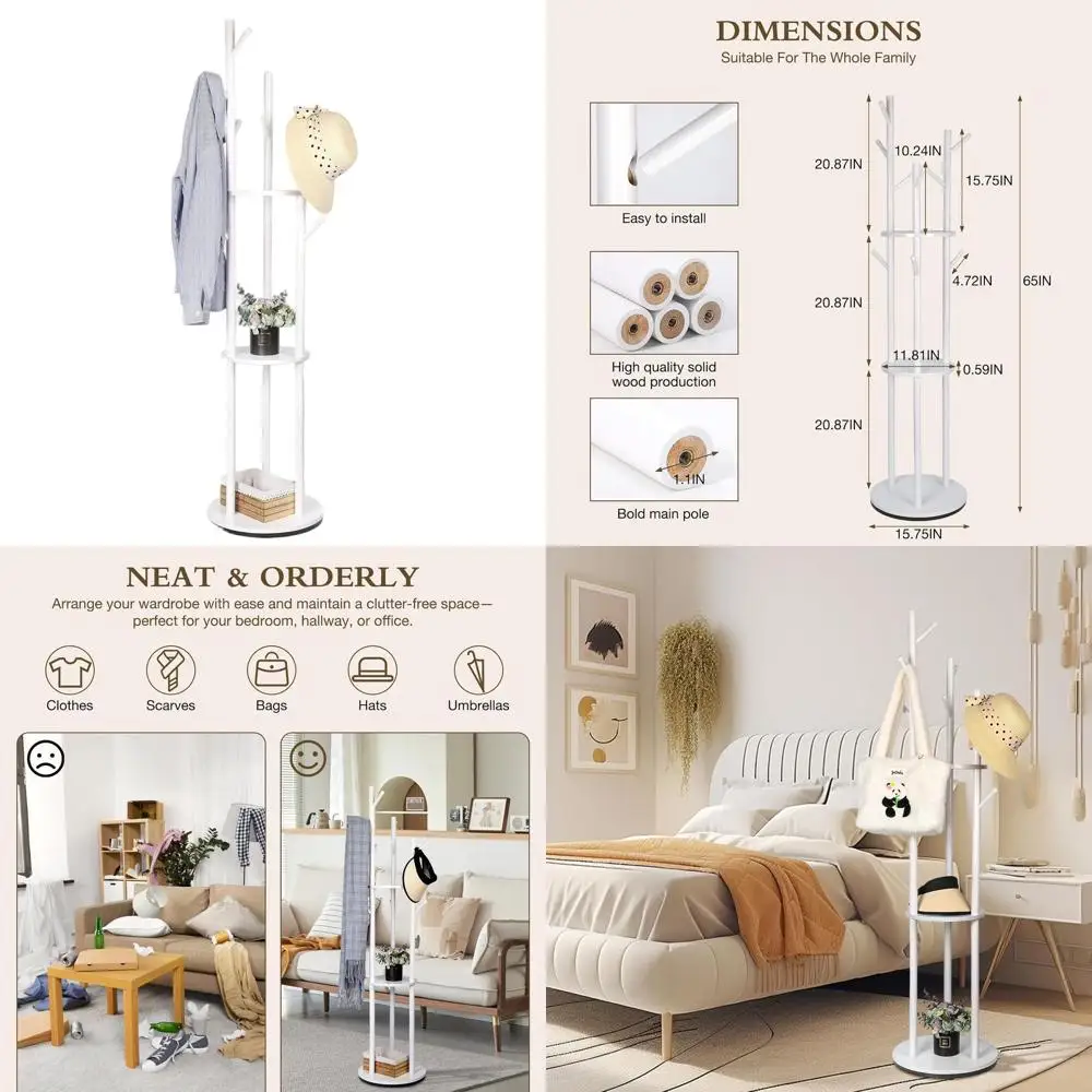 

White 3-Tier Rotating Coat Rack with 9 Hooks, Freestanding for Home Entry, Bedroom, Living Room, and Hallway Storage of Jackets,