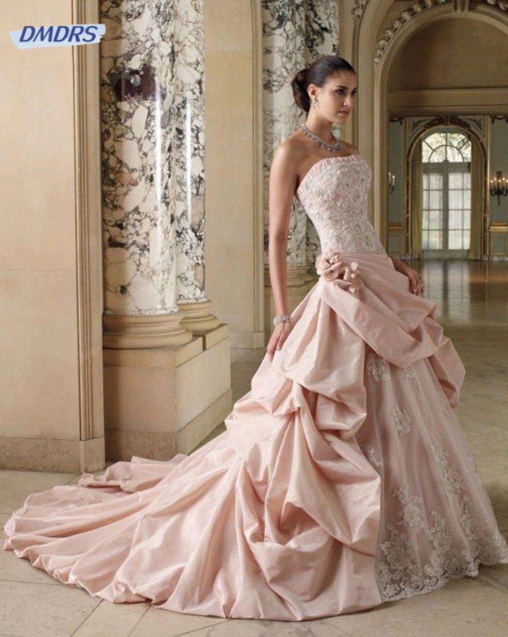 

Elegant Ball Gown Strapless Backless Taffeta Applique Pink Wedding Dress Romantic Floor-Length Dress Robes De Soirée