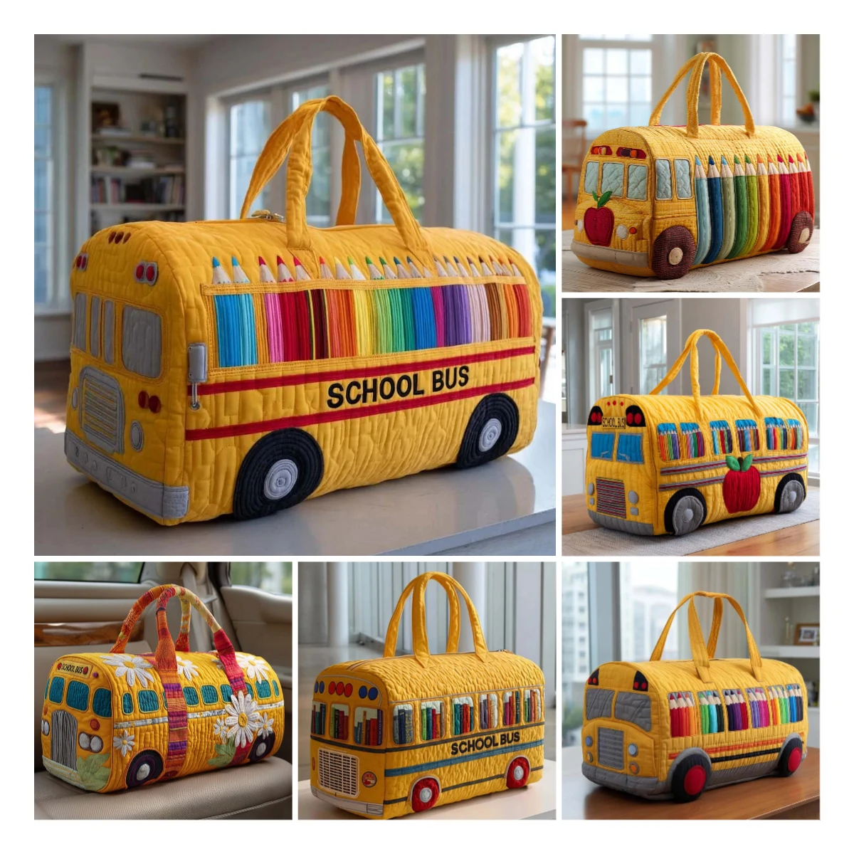 Men's Camping Quilted Duffle Bag Cute School Bus Yellow Print Travel Tote HandBag Women Outdoor Weekender Bags