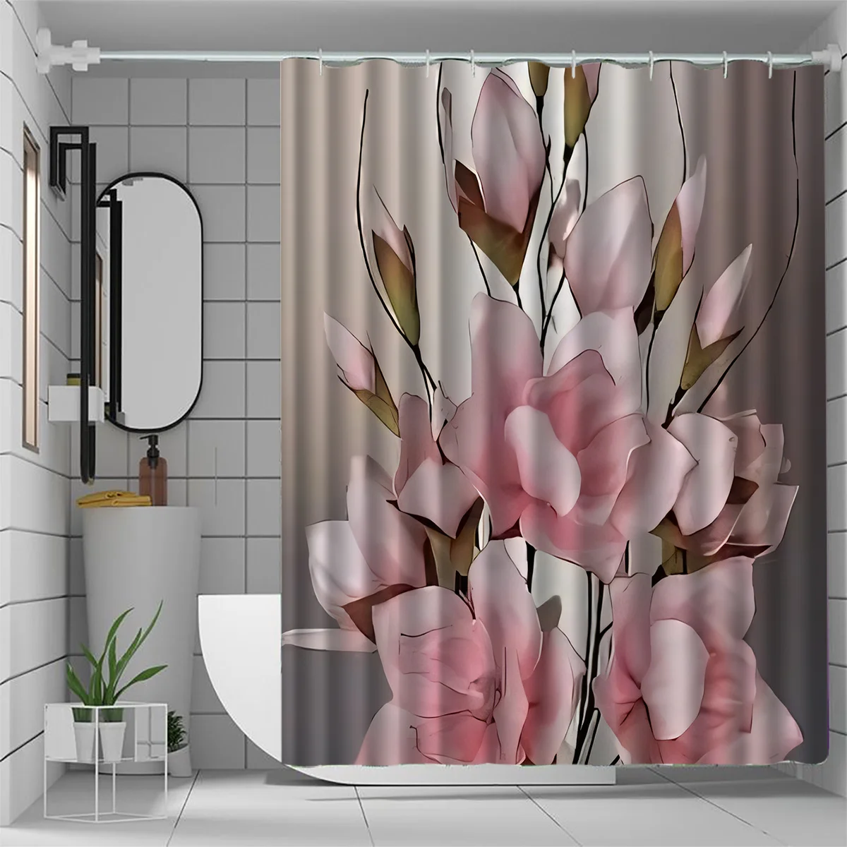 

1pc Elegant pink floral pattern shower curtain, polyester fabric, machine washable, suitable for bathroom decoration