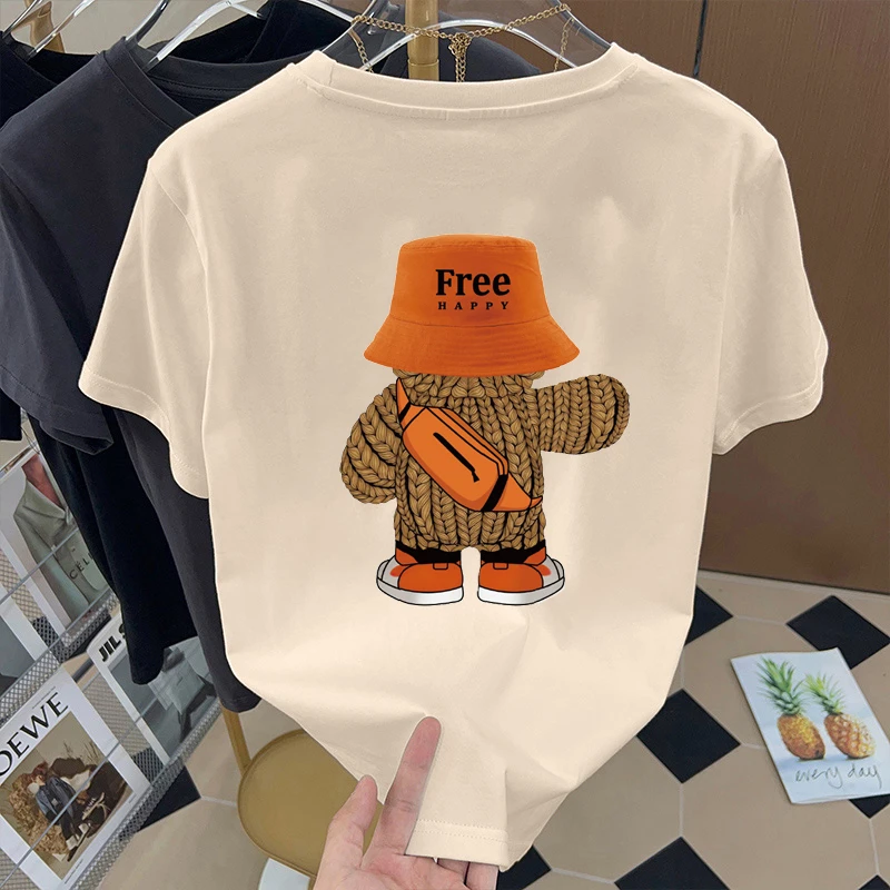 ​ ​ تي شيرت رجالي لطيف الدب الكرتون طباعة شحن سعيد شعار خمر الشارع الشهير القطن المحملة صياد قبعة حقيبة كروسبودي اللون الرجعية