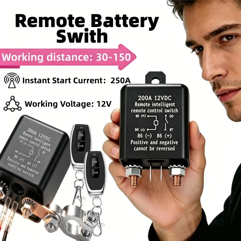 Remote Battery Disconnect Switch 12V 200A Kill Switch for Car Anti Theft Battery Kill with Wireless Remote Control Relay Fobs